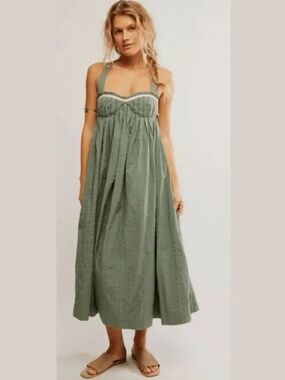 NEW RARE FREE PEOPLE-est poppy midi dress cotton lily pad green SMALL 4-6